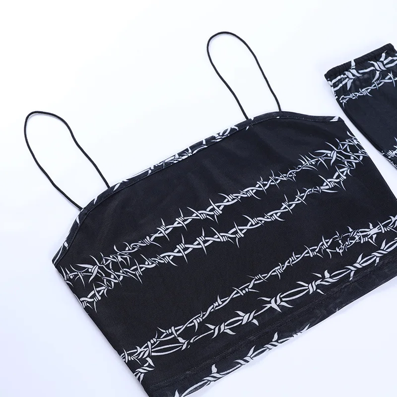 

ArtSu Printed Black Camis Streetwear Sexy Straps Harajuku Tank Top With Long Sleeve Women Summer Basic Crop Tops Mesh VE52897