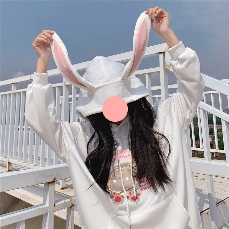 

Lolita Girls Hoodies Harajuku Kawaii Sweet Long Rabbit Ear Cap Women Cute Bear Print Sweatshirt Street Fashion Pullovers Clothes