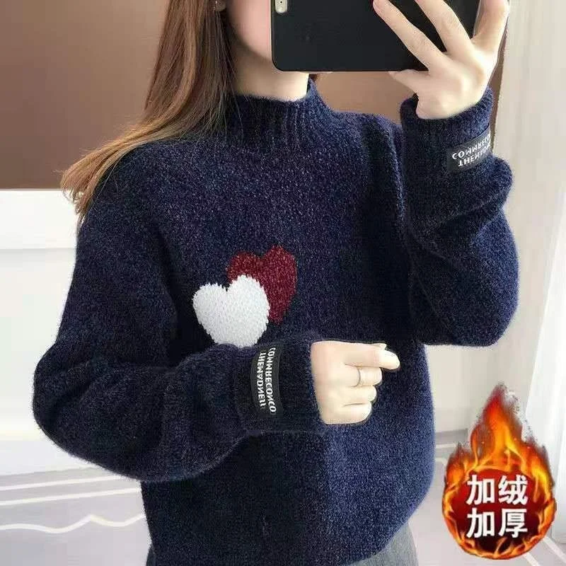 Women's Autumn Winter Sweater Loose Thick Pullover Female Love Heart Embroidery Sweaters Turtleneck Knitted Jumper Knitwear Lazy