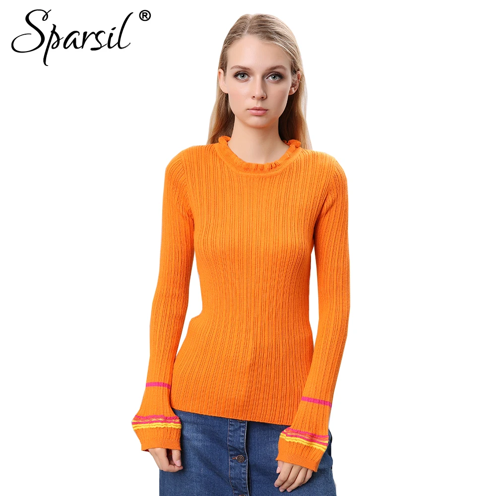 Clearance Sparsil Women Autumn Wool Sweater Ruffled Collar Lantern Sleeve Slim Knitted Woolen Pullover Soft Elastic StripeJumper | Женская