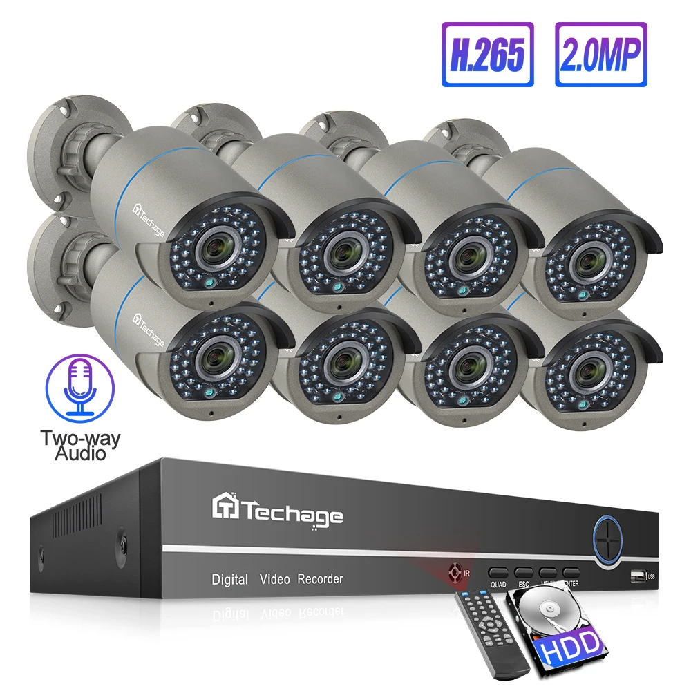 Techage 8CH h.265 1080P POE AI Камера система NVR 2 полосная Аудио Открытый Водонепроницаемый