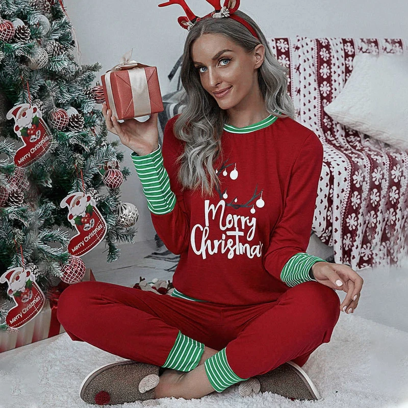 

Merry Christmas Women Winter Pajamas Set Cotton Sleepwear Long Lattice Pants + Xmas Print Pyjamas Women Clothes Pajama Plus Size