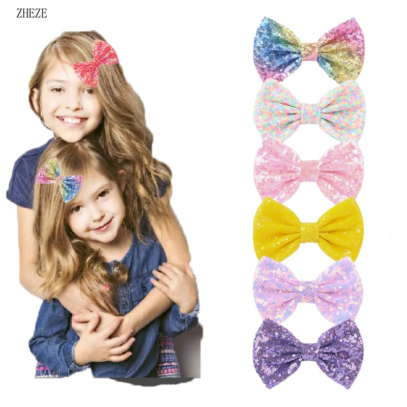 2Pcs/Lot Hot Sales 5" Glitter Sequins BowsWith/Without Clips Chic Barrettes DIY Hair Accessories For Women Rainbow - купить по