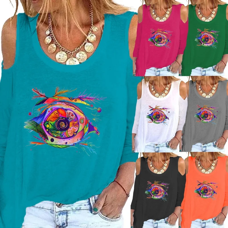 

2021 the New Fashion Women Printing Sexy Off Shoulder Long Sleeve Elegent Round Neck Pullover Loose Casual Shirt