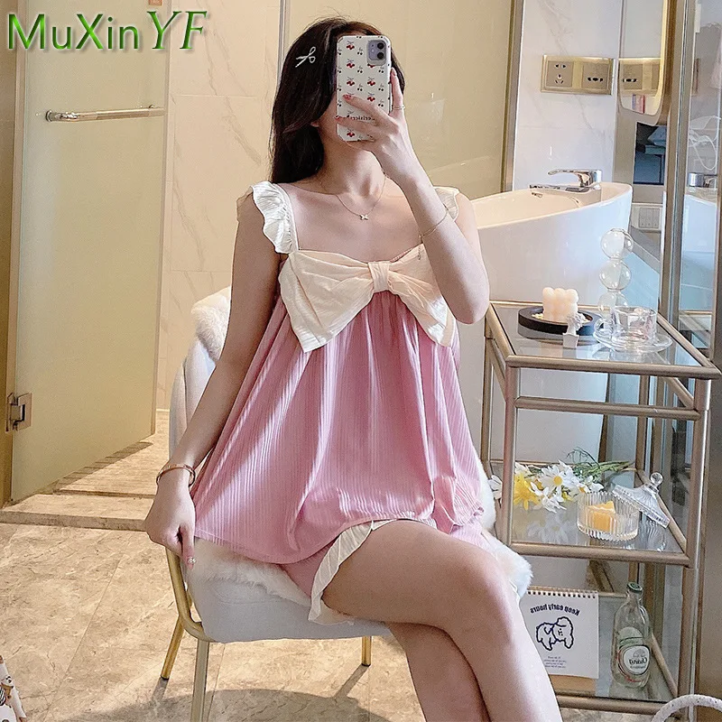 Women' Two Pieces Pajamas Set 2021 Summer Girls Sweet Big Bow-Knot Purple Thin Sleeveless Tops Shorts Sets Lady Leisure Homewear