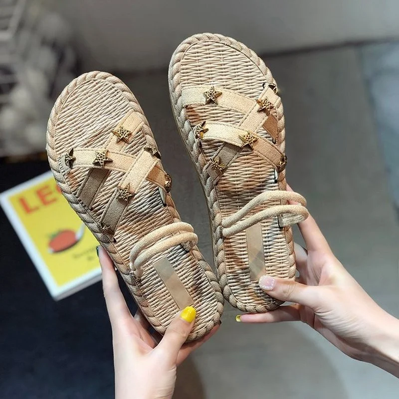 

Женские сандалии в римском стиле, пляжные сандалии с пеньковой веревкой и звездами, лето 2021