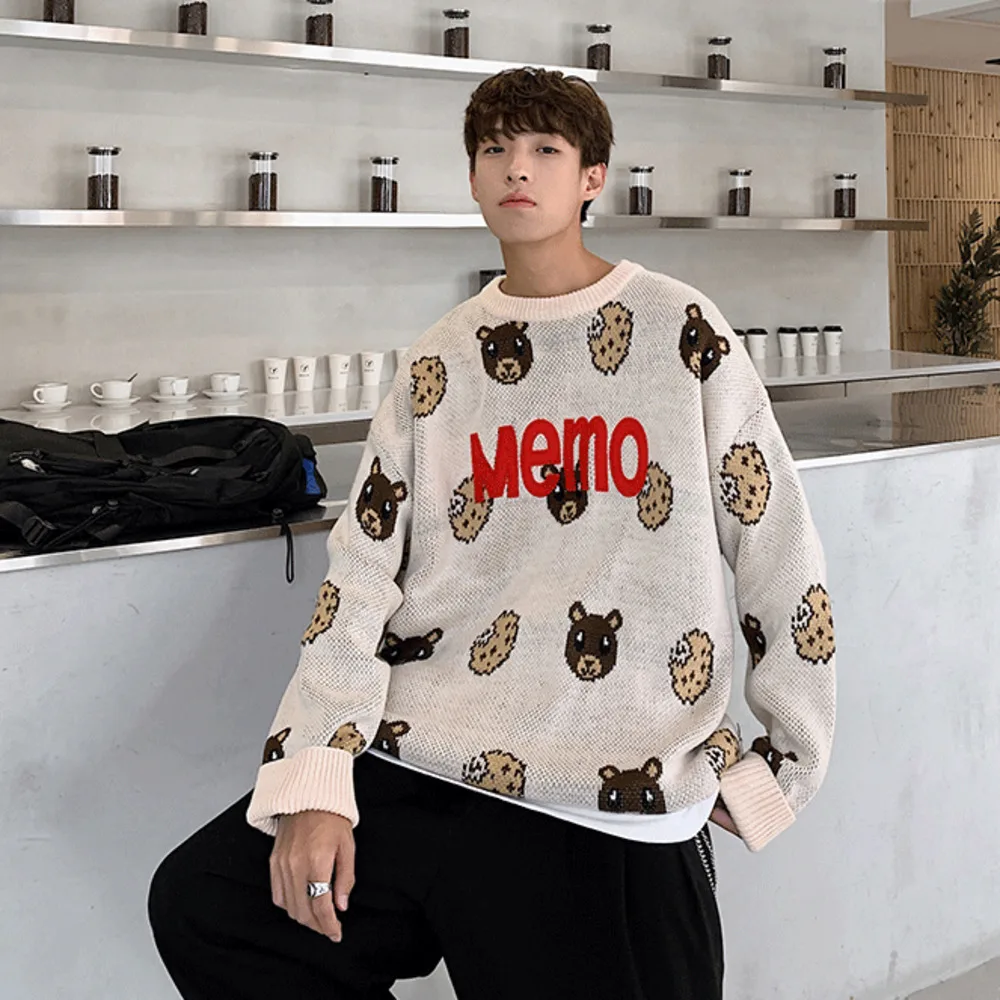 

ZAZOMDE Bear Printed Plus Size Men Knitwear 2020 Autumn New Men's O Neck Cartoon Sweaters Man Casual Korean Pullovers Clothes