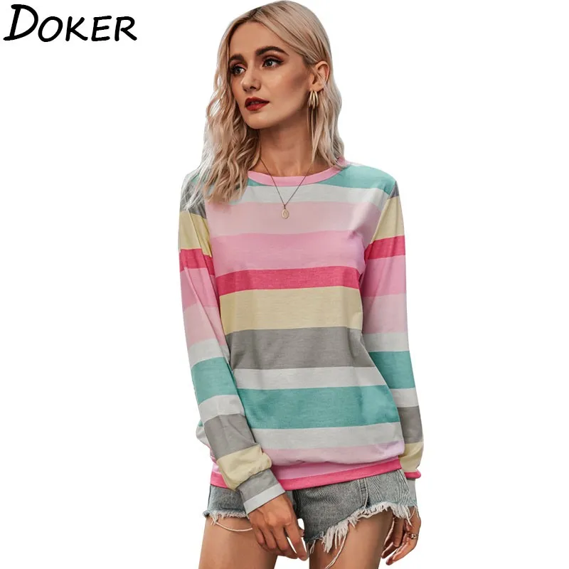 2020 осень зима полосатая футболка с длинным рукавом Женская О образным вырезом