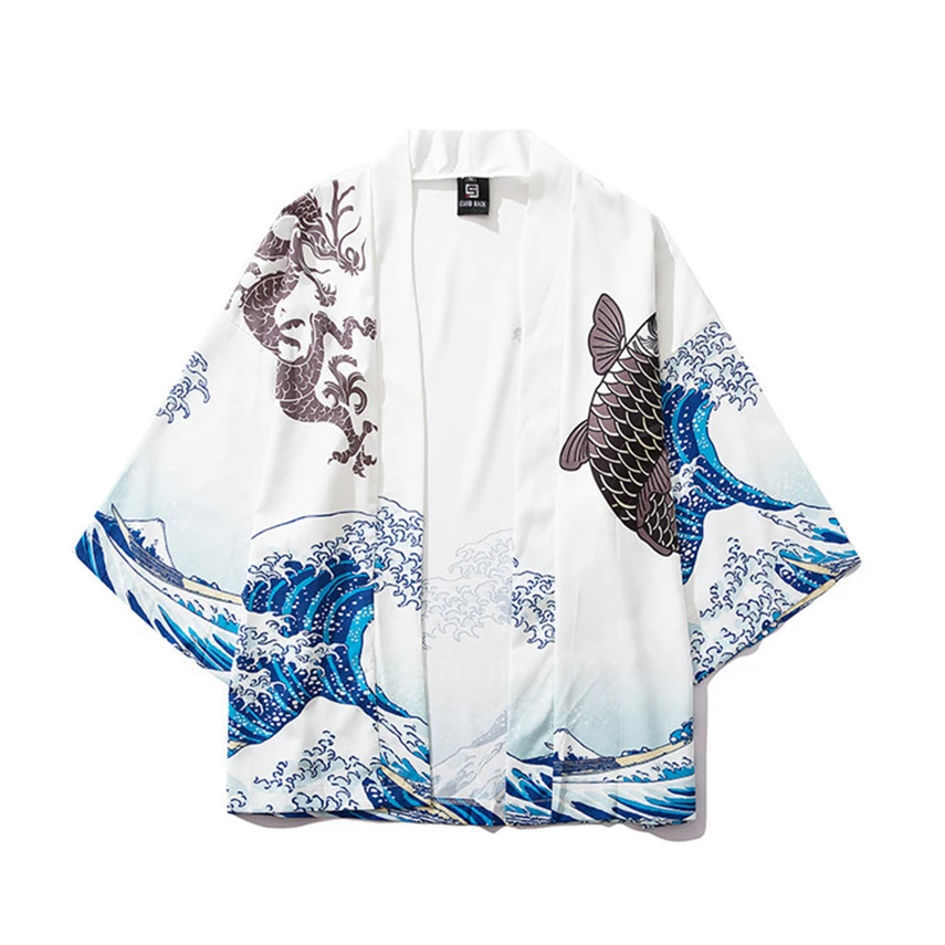 

Japanese Style Harajuku Wide Leg Pants Wave Pattern Samurai Man Haori Cardigan Jacket Loose Style Sunscreen Tops Yukata