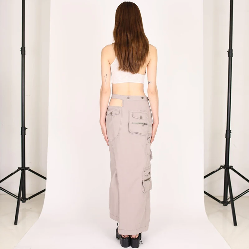 

21SS Amoi functional tooling style slim pocket zipper female skirt long skirt