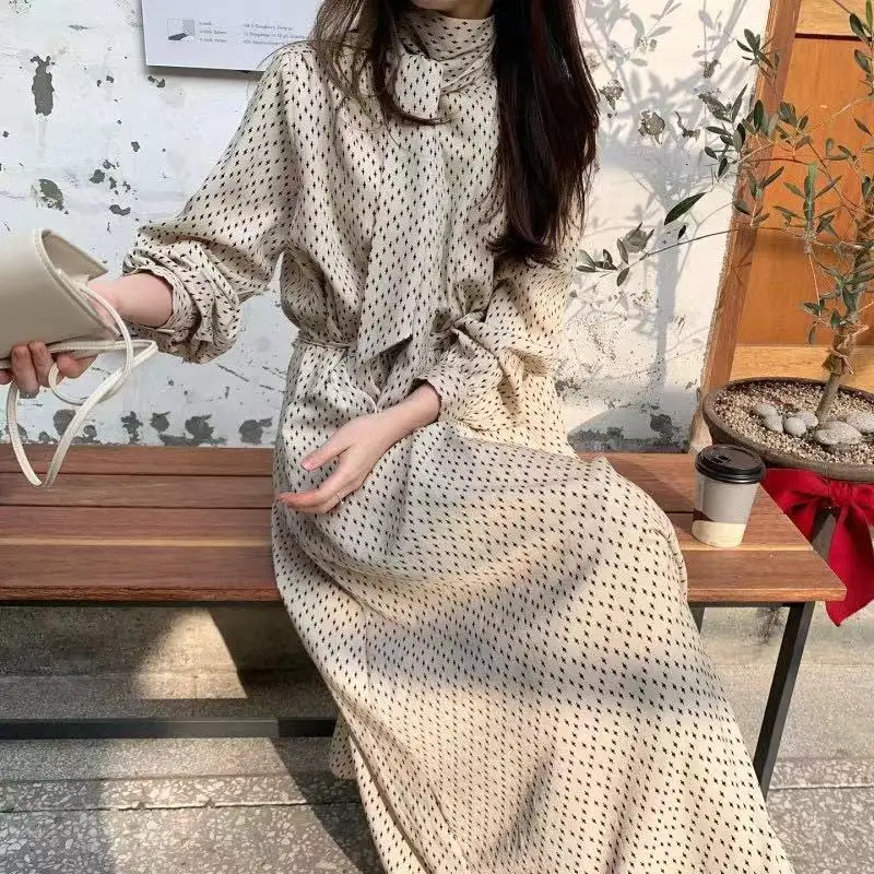 

VICONE дизайнерское длинное платье шикарное Ретро женское платье 2021 Повседневное платье с длинным рукавом и принтом в стиле бохо Бандажное эл...