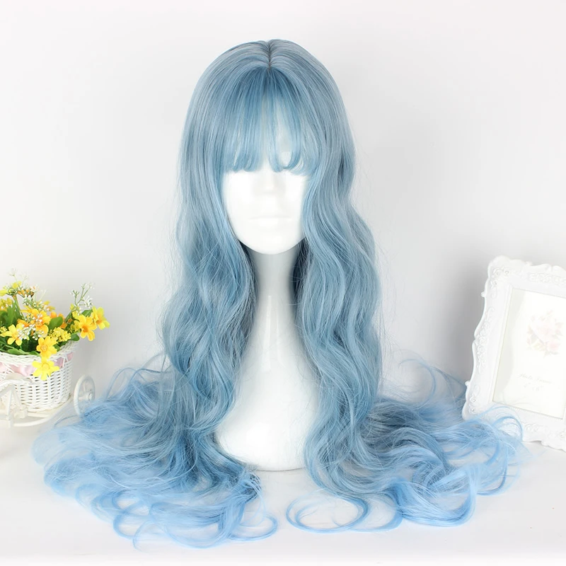 

Lolita 65CM Long Mixed Grey Blue Curly Anime Party Synthetic Celebrity Cosplay Wig+Wig Cap Heat Resistant H75635B