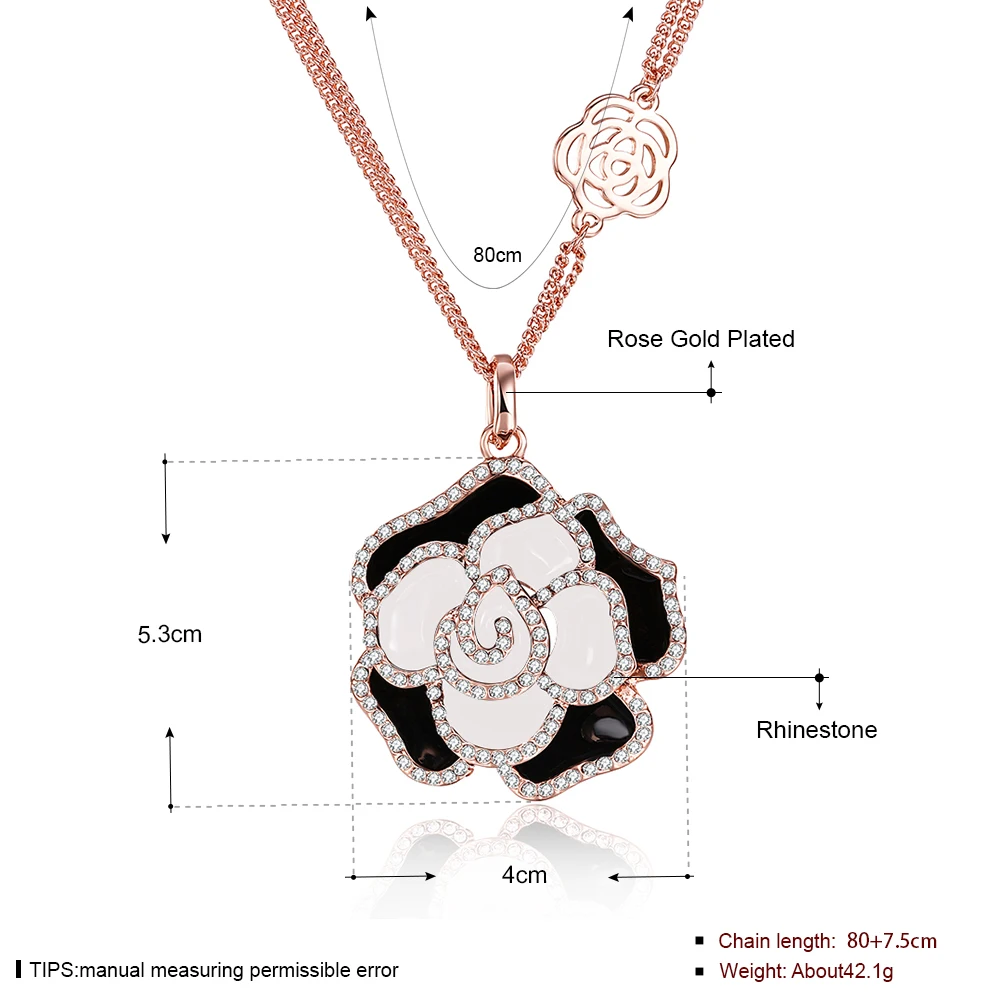 

Fashion Rose Gold Plated Necklace Sweater Chain White Flower with Shiny Rhinestone for Women Party Luxury Jewelry LKN18KRGPM015
