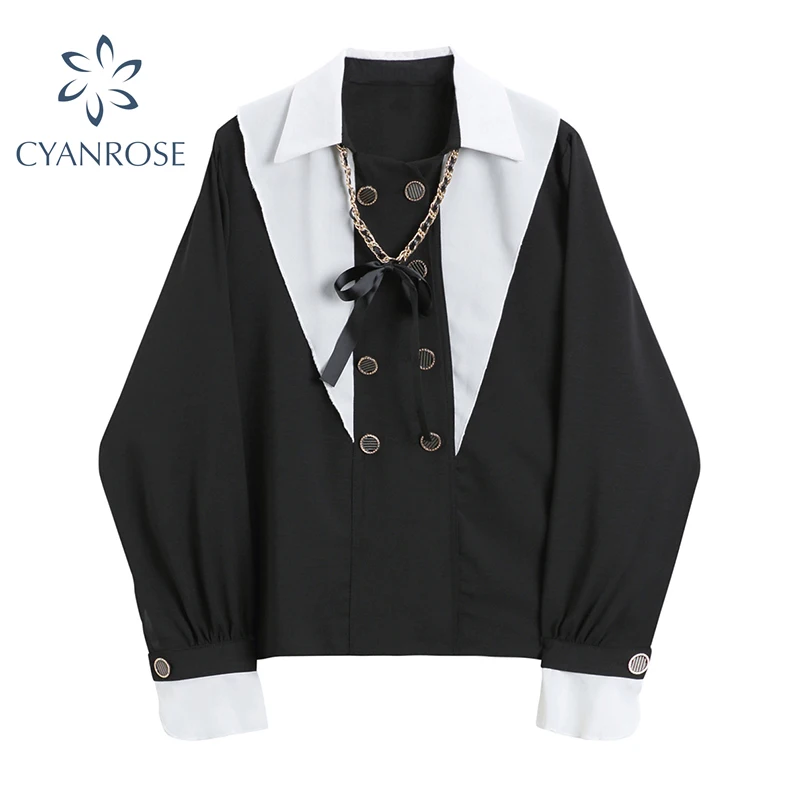 Женская блузка с длинным рукавом черная большого размера цепочкой в стиле панк