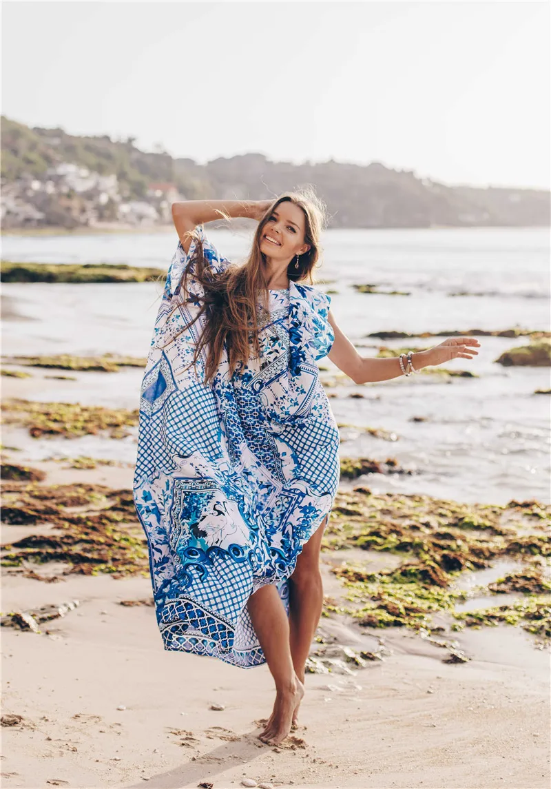 Богемное летнее пляжное платье с рукавом летучая мышь, хлопковая туника, женская пляжная одежда, накидка размера плюс, кафтан, макси платье N725