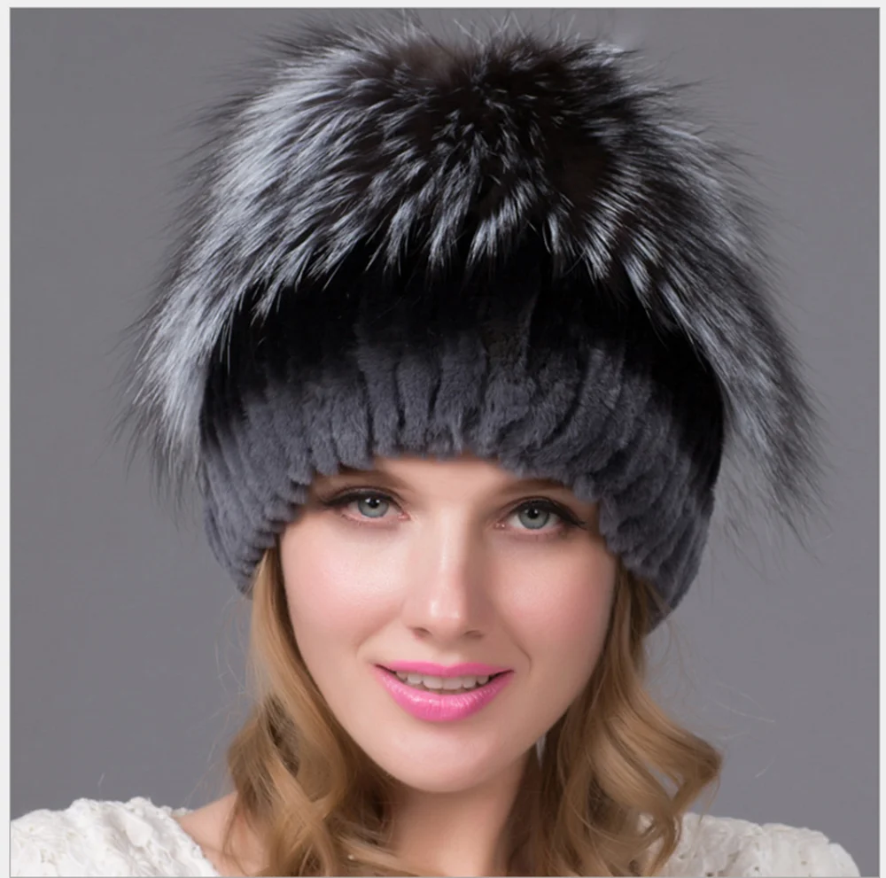 Russian Womens Hats Winter Warm Luxury Fox Fur Top Beanie Hat Handmade Knitted Lady Caps Real Rex Rabbit Fur Hats For Women