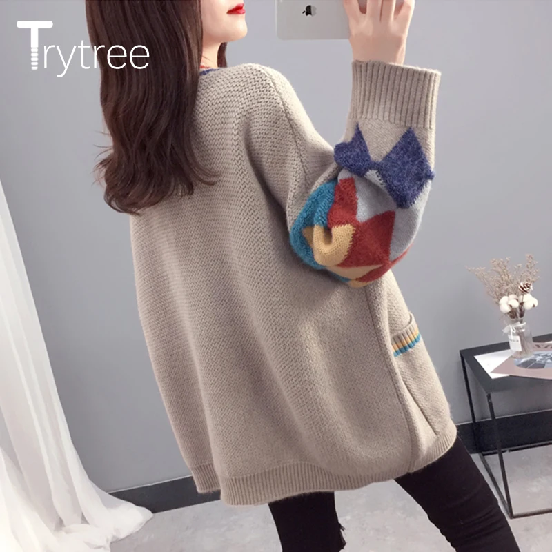 Осенне зимний женский свитер Trytree повседневный однобортный трикотажный кардиган