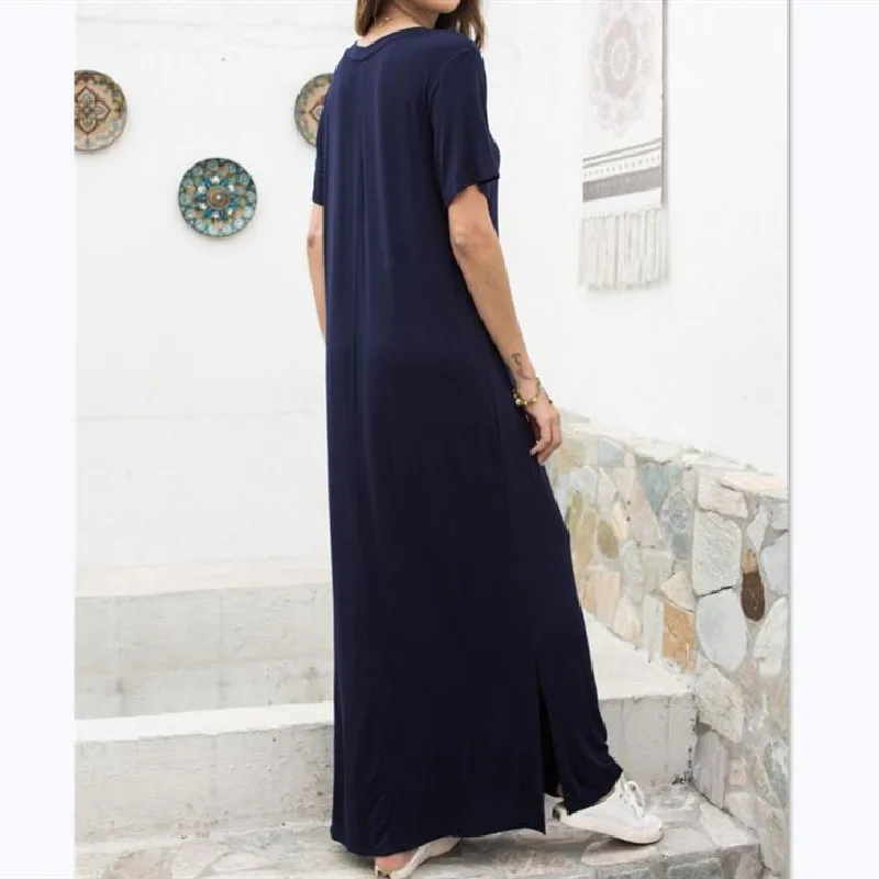 

Casual Elegant 2020 Women Loose Long Dress Summer Fashion V-neck Blue Dresses for Ladies