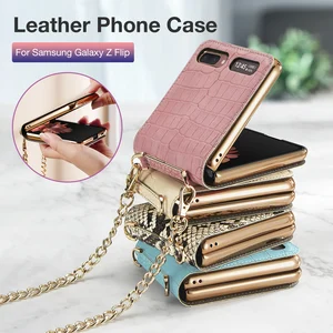 for samsung galaxy z flip 3 case leather hard shockproof back cover for samsung z flip3 zflip3 protection shell with metal chain free global shipping