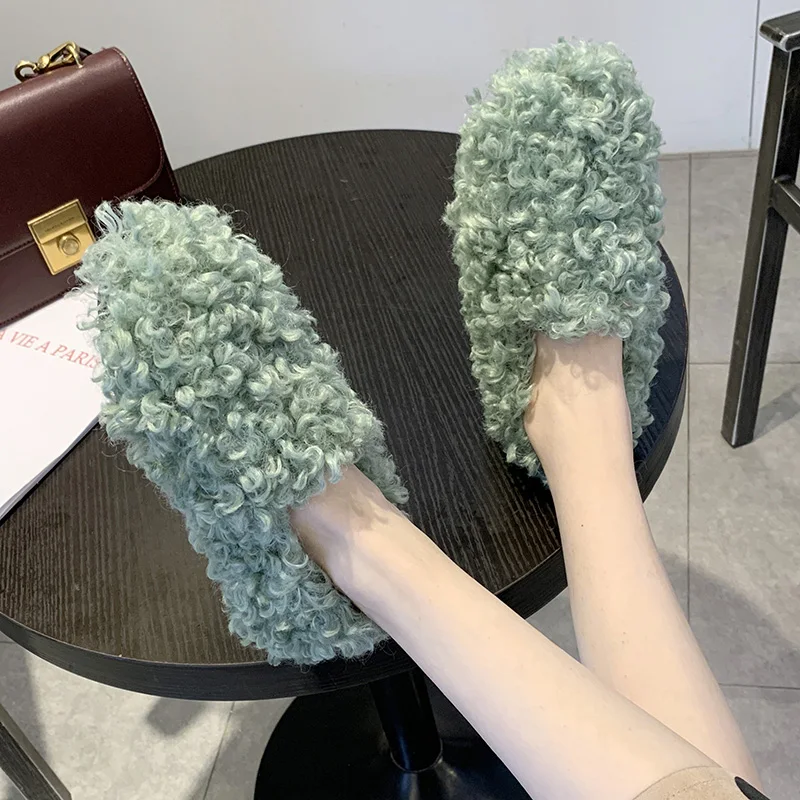 Зимние женские туфли на плоской подошве из овечьей шерсти без застежки удобные