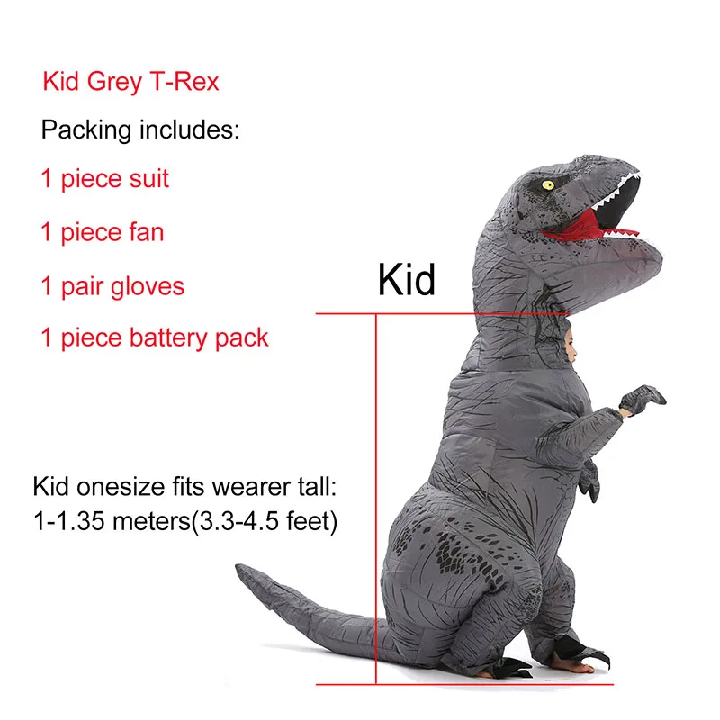 Kid Grey T-rex JYZCOS взрослый T REX надувной костюм динозавра Хэллоуин партии Косплей Костюм для женщин мужчин детей Карнавальный костюм - Цвет: Kid Grey T-rex