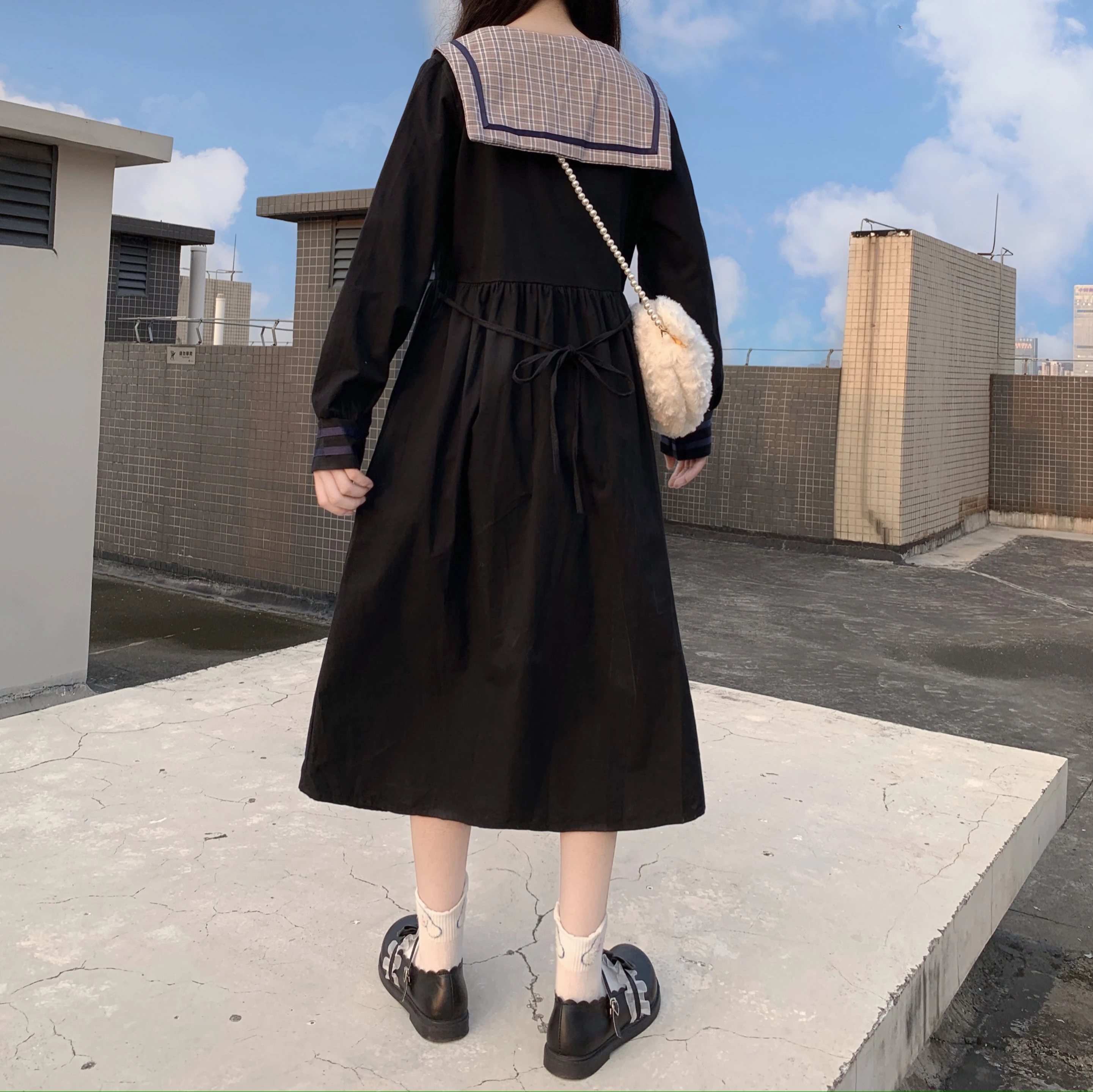 

Japanese Sweety Preppy Style Autumn Diablo Girl Dress Vintage Plaid Sailor Collar Bandage Bow Full Sleeve JK Sailor Loose Dresse