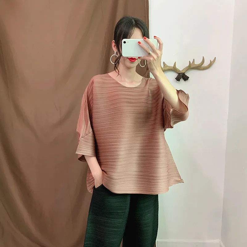 LANMREM синяя свободная плиссированная футболка с круглым вырезом и рукавом в семь