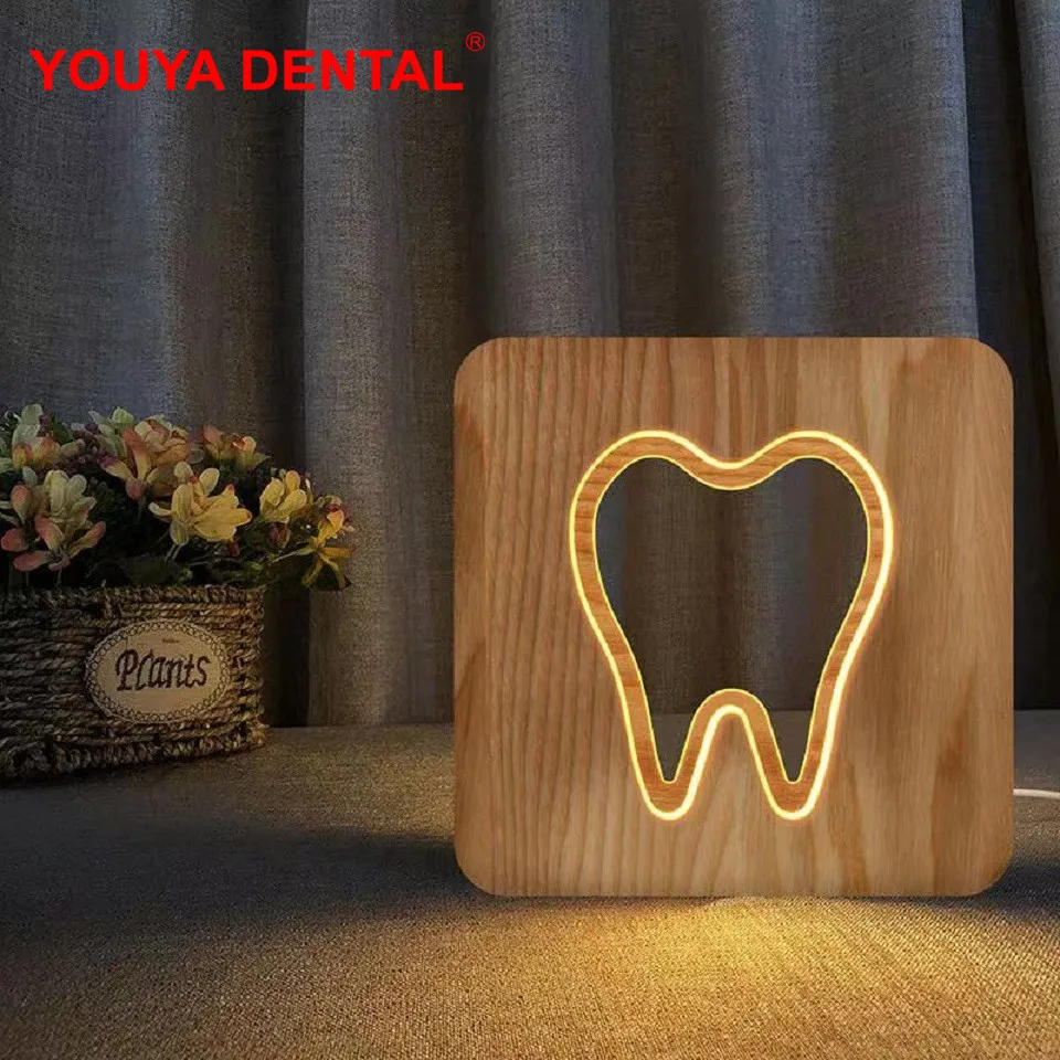 Decoración de dentista, regalos de odontología, USB 3D Visual, luz nocturna LED con forma de diente de madera, lámpara de mesa de madera para decoración de escritorio de clínica Dental