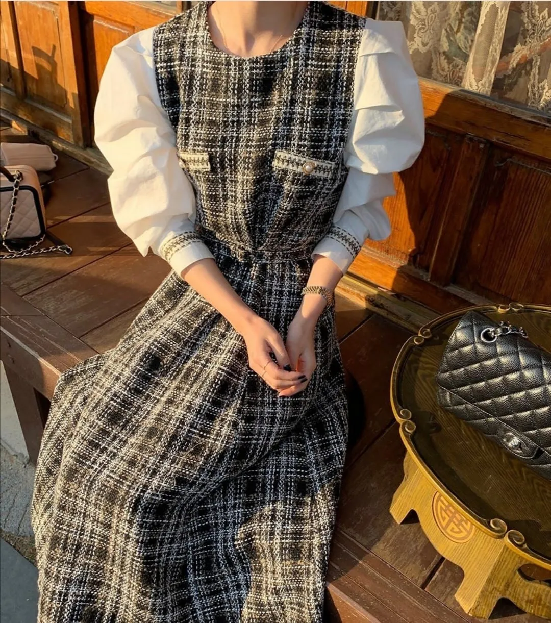 

Korean Ins Socialite Temperament Kafuu Fake Two-Piece Skirts Tweed Plaid Lace-up Waist-Controlled Slimming Dress for Women