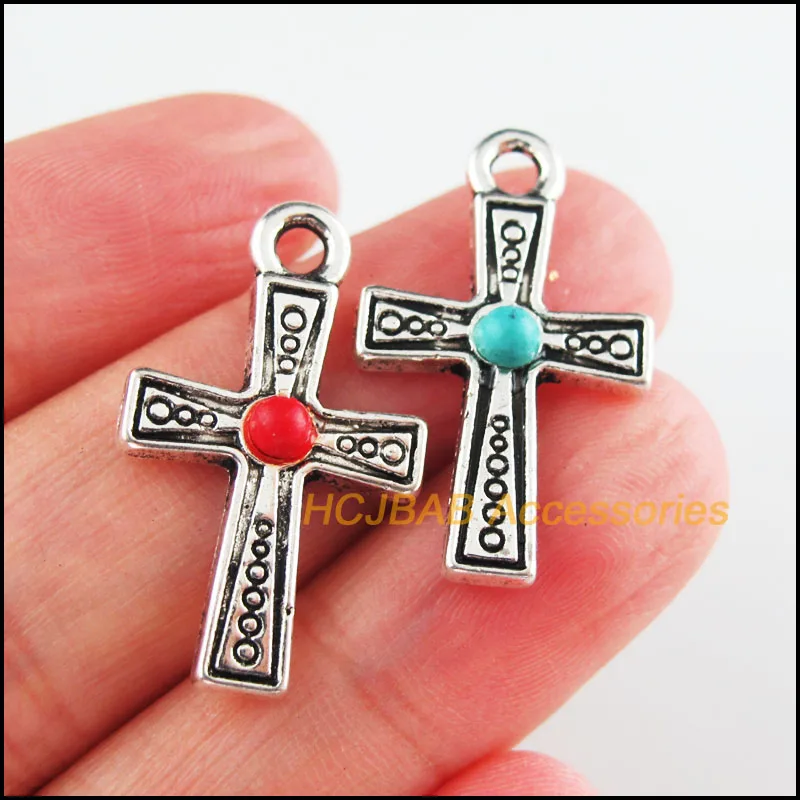 

12Pcs Tibetan Silver Tone Flower Red & Blue Stone Cross Charms Pendants 16x27mm