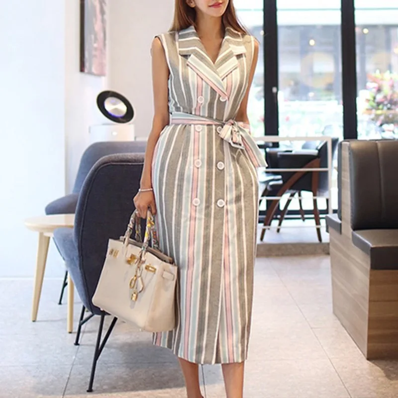 

Mazefeng New 2020 Women Summer Dress Sleeveless High Waist Striped Single-breasted Lace Up Cotton and Linen Long Dress Size S-XL