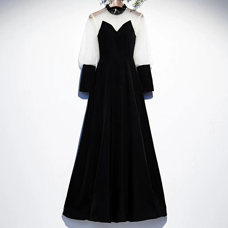 

Crystal Evening Dresses A-line Lace Full Sleeves Tea-length High Neck Zipper Back Customized Plus size Formal Party Dress B091