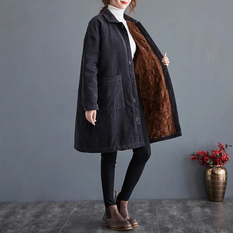 

Winter Coat Velvet Cotton Clothing Women's Mid-Length Loose Plus Size Vintage Literary Corduroy Thick Padded Jacket Outerwear