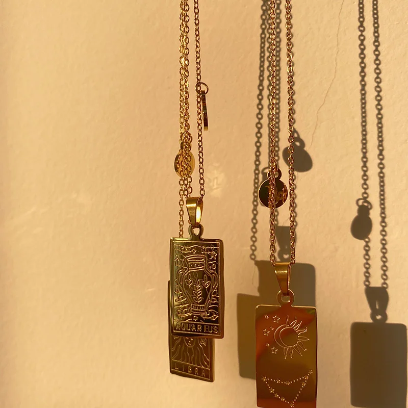 

Tarnish Free Delicate Creative 12 Constellation Engraving Pendant Necklace Stainless Steel Gold Zodiac Necklaces for Women