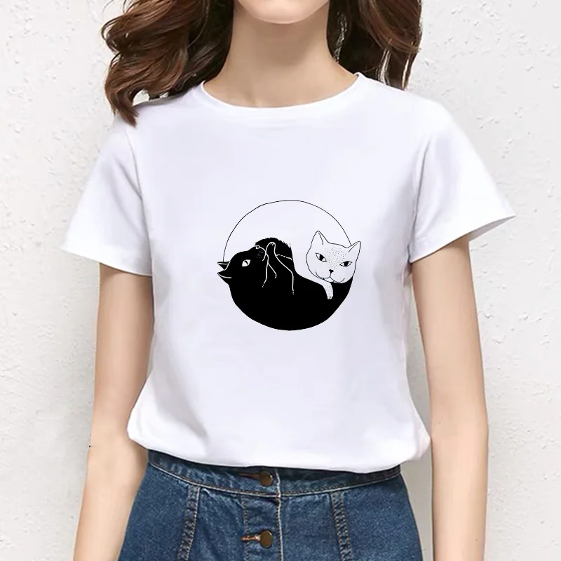 2021 Cheap Cat Graphic Print Short sleeve O-neck T-shirt Harajuku graphic New Korean Style Graphic Tops Ullzang Funny T-shirt images - 6