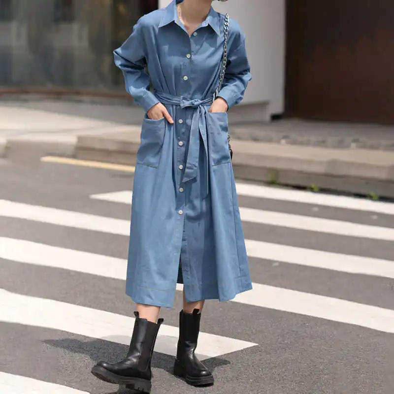

IEQJ Blue Denim With Belt Women's Dress New Long Sleeve Single Breasted Closing Thin Temperament Long Dress 2021 Autumn GD082