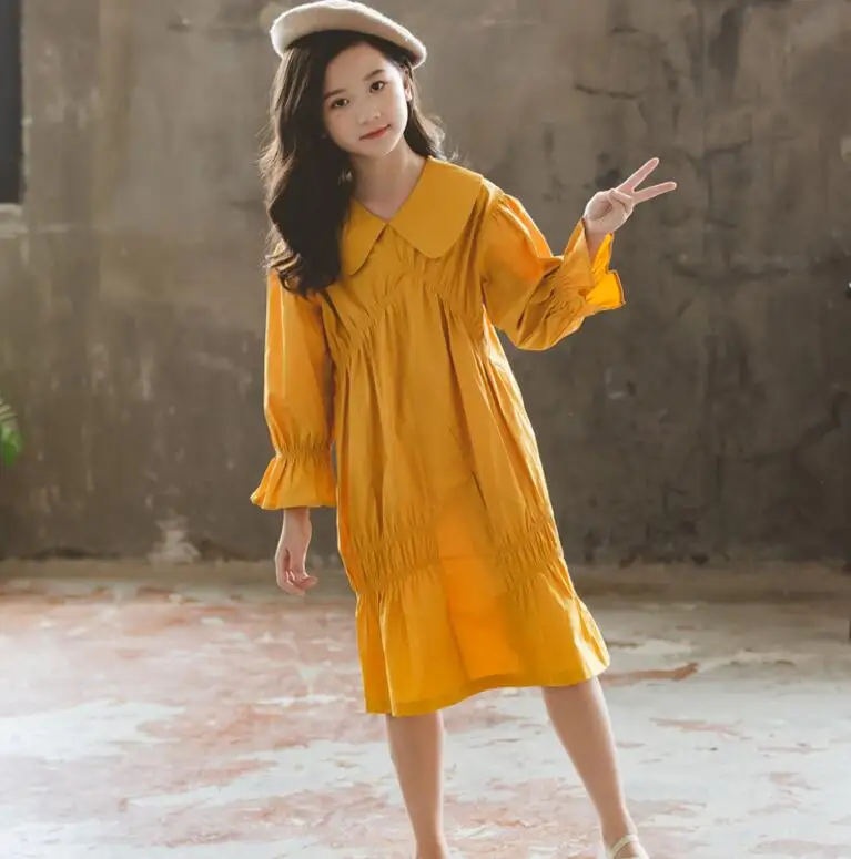 Модные платья для девочек осень 2019 желтое зеленое хлопковое детское платье с