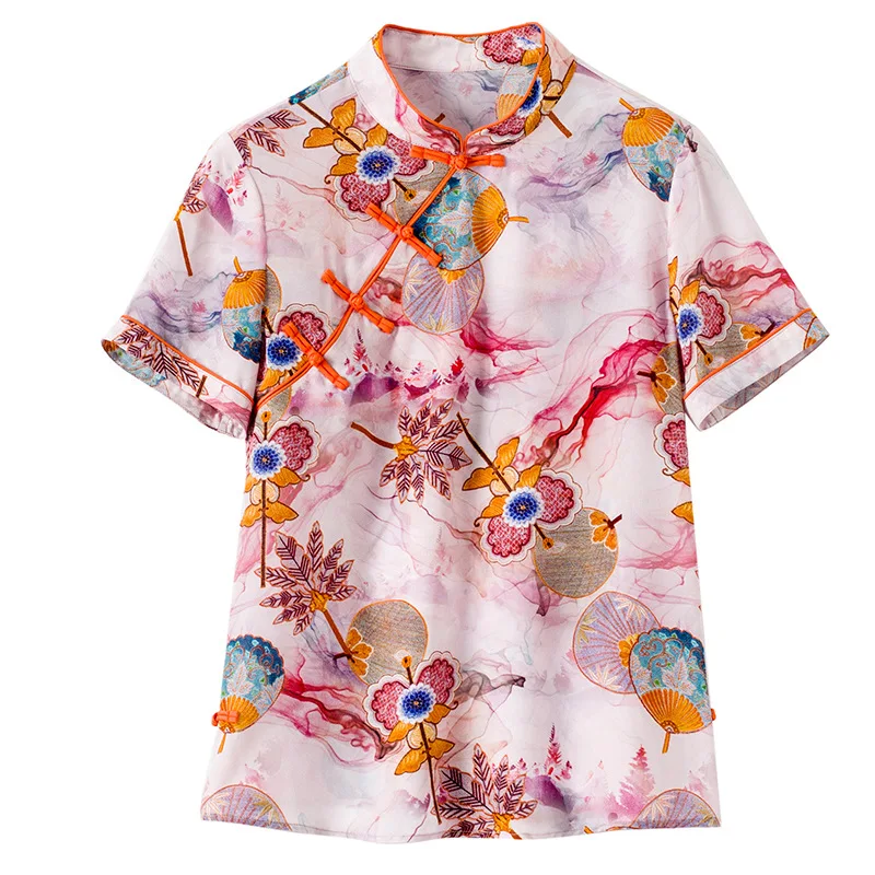 

2021 new women's dress ethnic style silk top mulberry silk Qipao shirt tea dress 69105