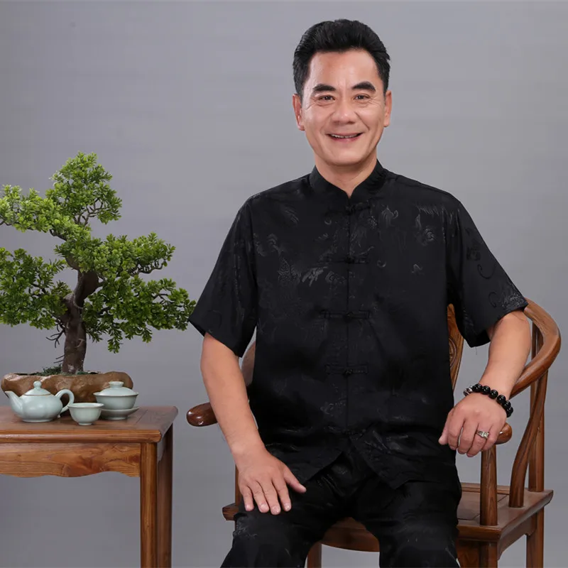 Черный Дракон Новый китайский стиль мужской костюм Тан наборы с коротким рукавом