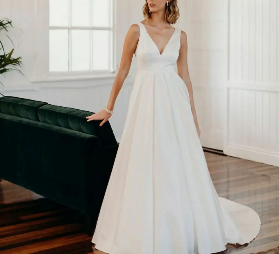 

С длинными рукавами и v-образным вырезом, ТРАПЕЦИЕВИДНОЕ атласное платье на свадьбу, платья с карманами на заказ пол Длина задняя часть корсета с открытыми плечами Свадебные платья для женщин