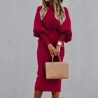 Женское однотонное платье-карандаш средней длины, с рукавом-фонариком и высокой талией