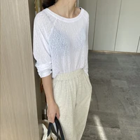 pure color round neck thin section sunscreen blouse summer korean loose long sleeved t shirt women