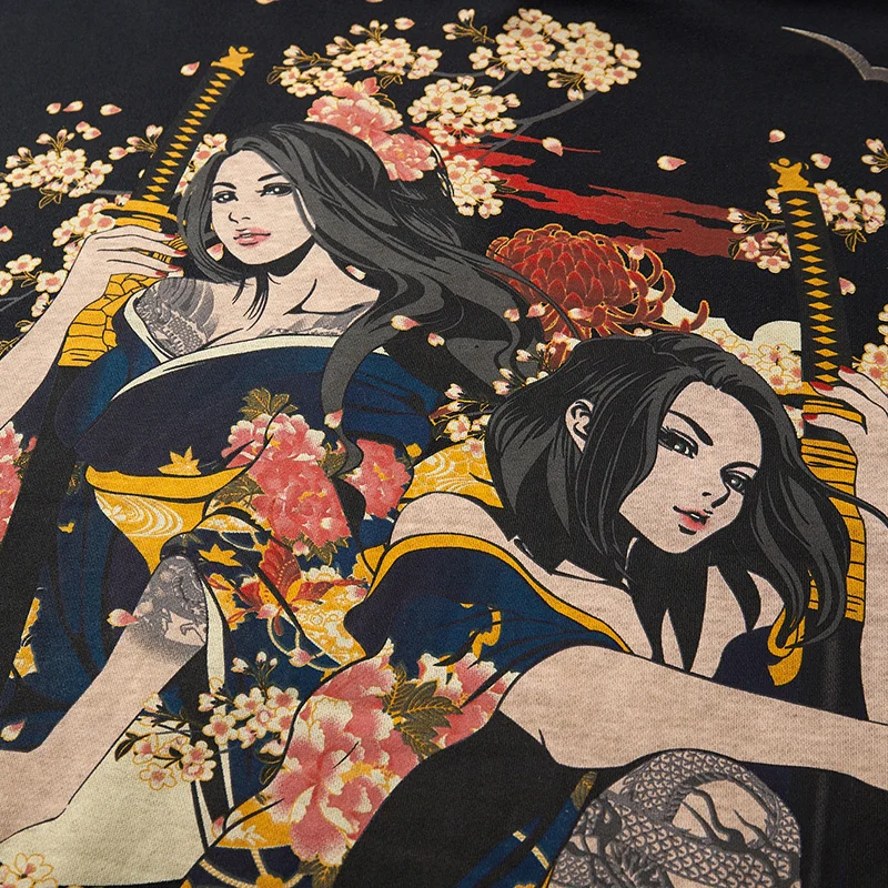 Makuluya Men Boys Fashion Streetwear Spring Autumn Velvet Lining Pullover Hoodies Geisha chrysanthemum Sakura Printed Pattern L