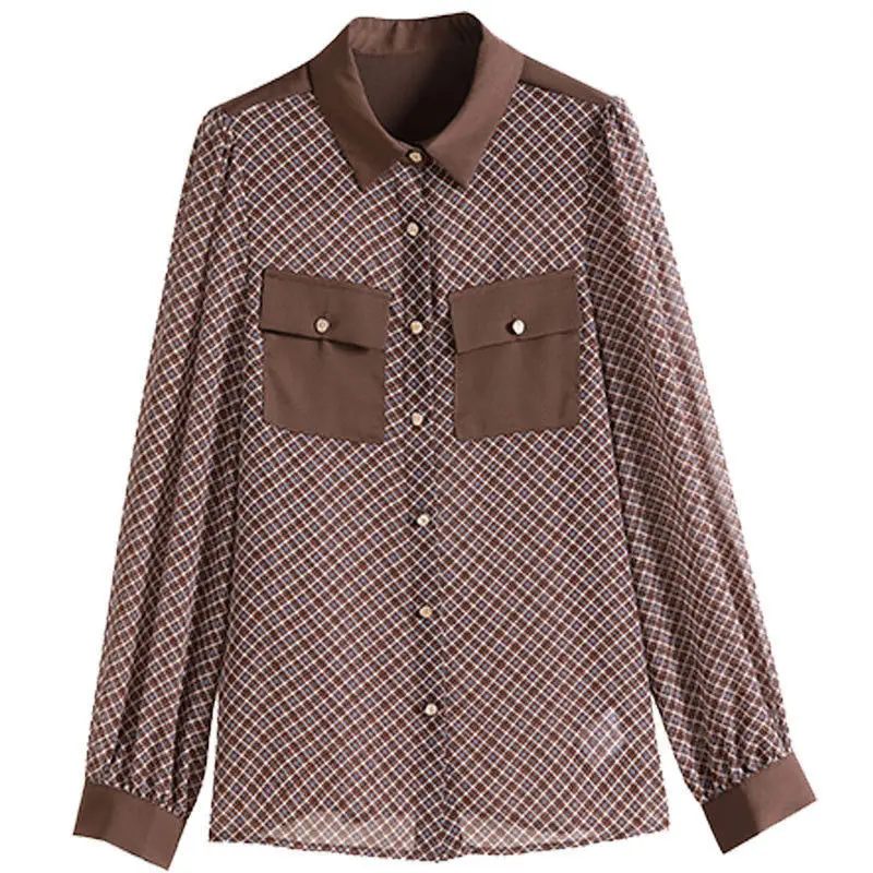 

Chiffon shirt women long-sleeved 2021 early spring and autumn new stitching retro niche shirt plaid top women
