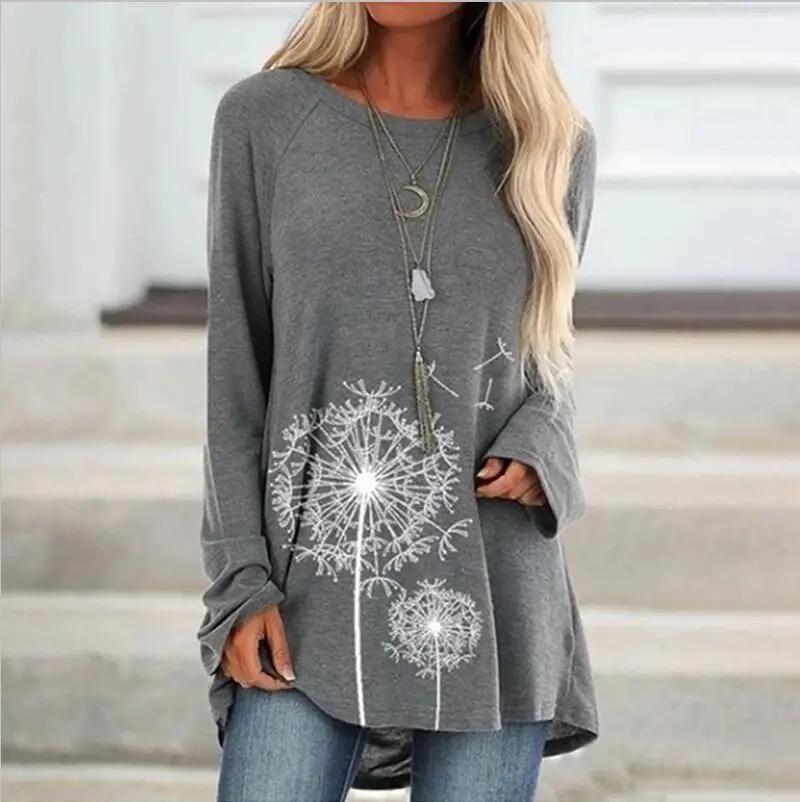 gray dandelion Женская туника, топы размера плюс 5XL, осенне-зимняя повседневная футболка с круглым вырезом и принтом, топы с длинным рукавом и принтом, blusas mujer de moda - Цвет: gray dandelion