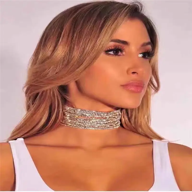

Luxury women retro simple multilayer Rhinestone neckchain nightclub flash girls Prom Dress statement Jewelry Crystal Necklace Gi