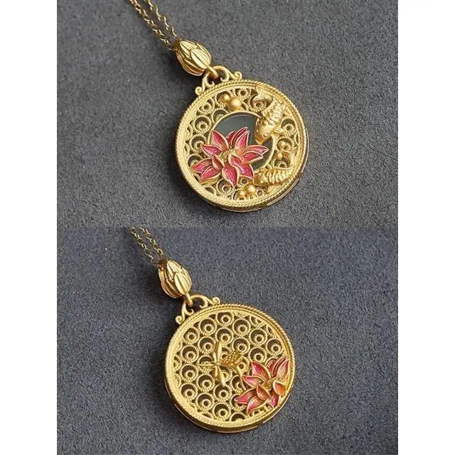 

Original Hetian Jade round Plate Pendant Sterling Silver Gilding Lotus Fish Tranquility and Peace Plate Chinese Style Retro Neck