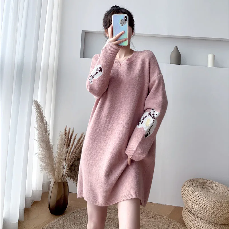 

Autumn Winter Kawaii Women Turtleneck Loose Plus size Sweater Dresses 2021 Korean Cute Little bear Long sleeve Straight Dress