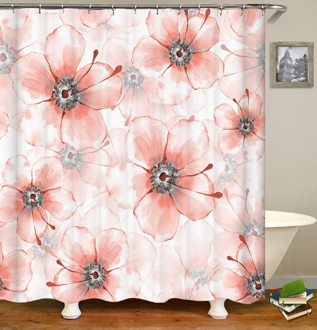 

HD Floral Pattern Watercolor Roses and Green Leaves Seamless Pattern Shower Curtain Set with Hooks Bathroom Decor Waterproof