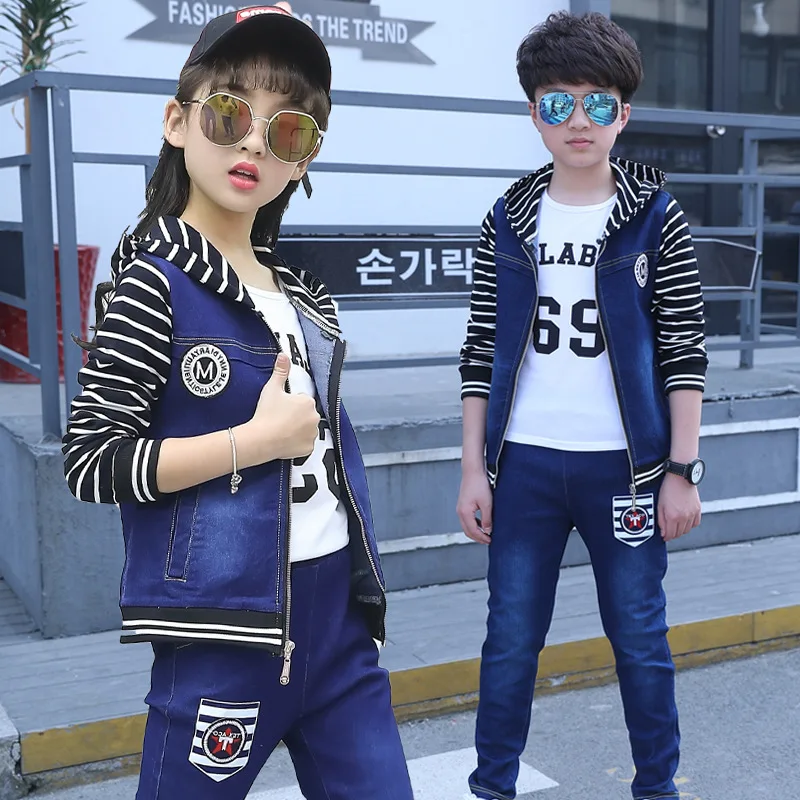 Джинсовый костюм с капюшоном для мальчиков и девочек ковбойский комплект из двух